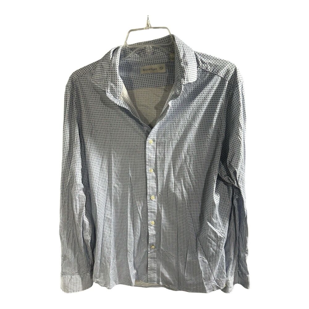 Men's Nicestuff Sz L Buttondown Shirt Tennis‎ Racket Pattern Blue LS 100% Cotton